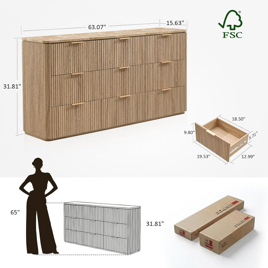 9 Drawer Fluted Wood Dresser