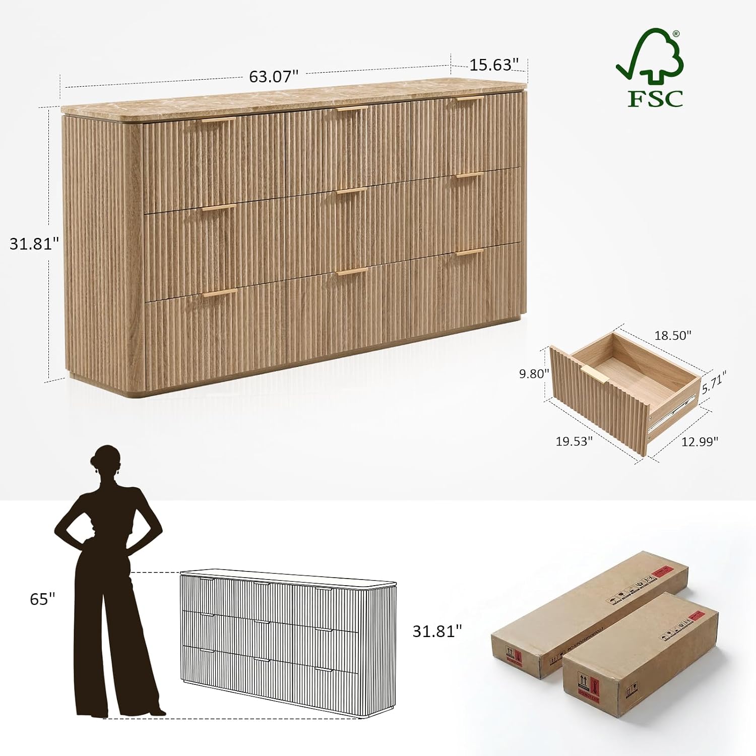 9 Drawer Fluted Wood Dresser