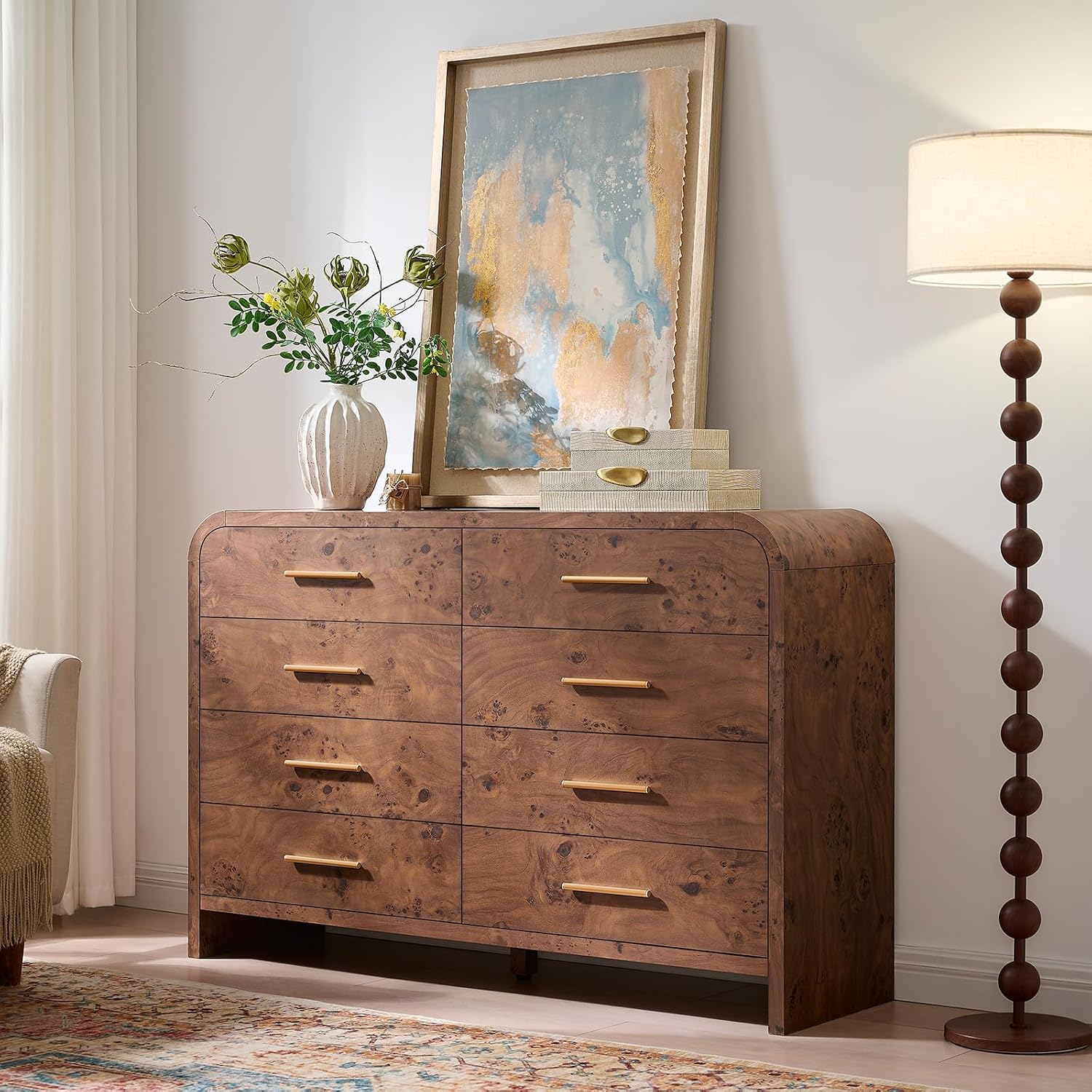8 Drawer Curved Wood Dresser