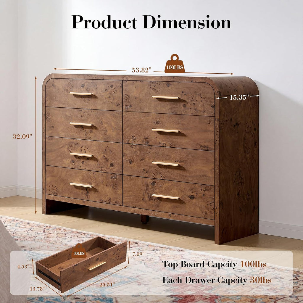 8 Drawer Curved Wood Dresser