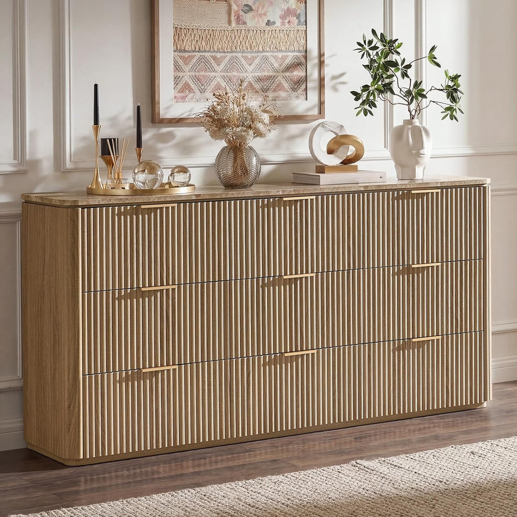9 Drawer Fluted Wood Dresser