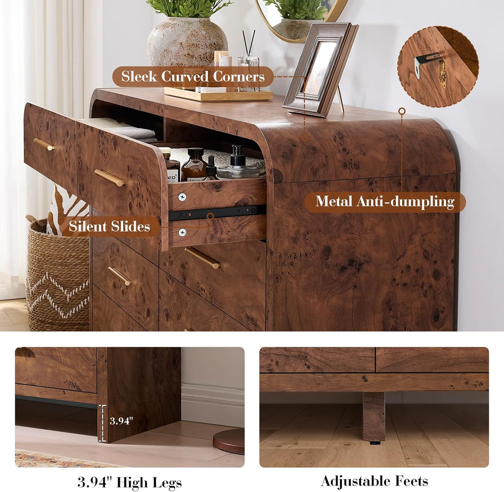 8 Drawer Curved Wood Dresser