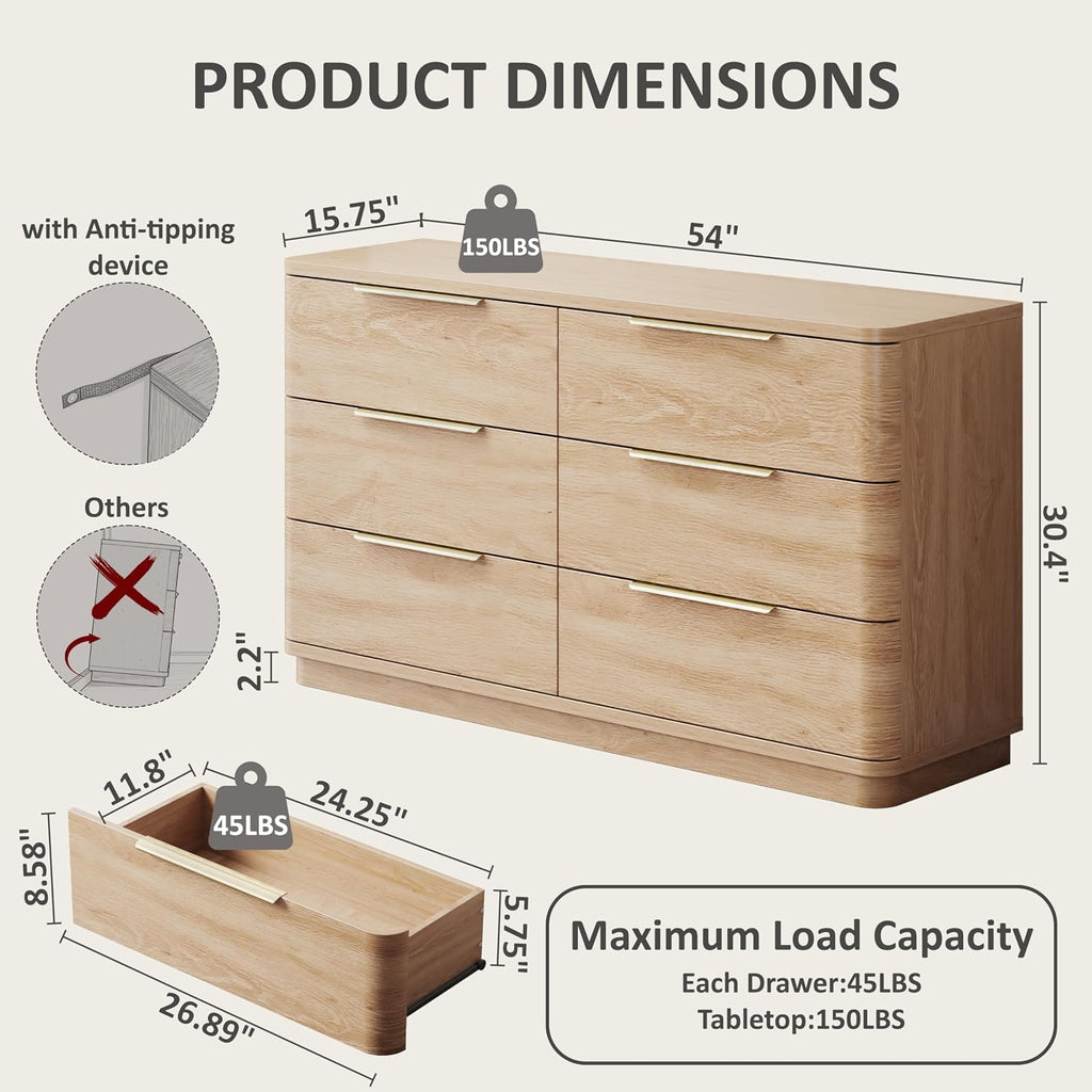 6 Drawer Curved Oak Dresser