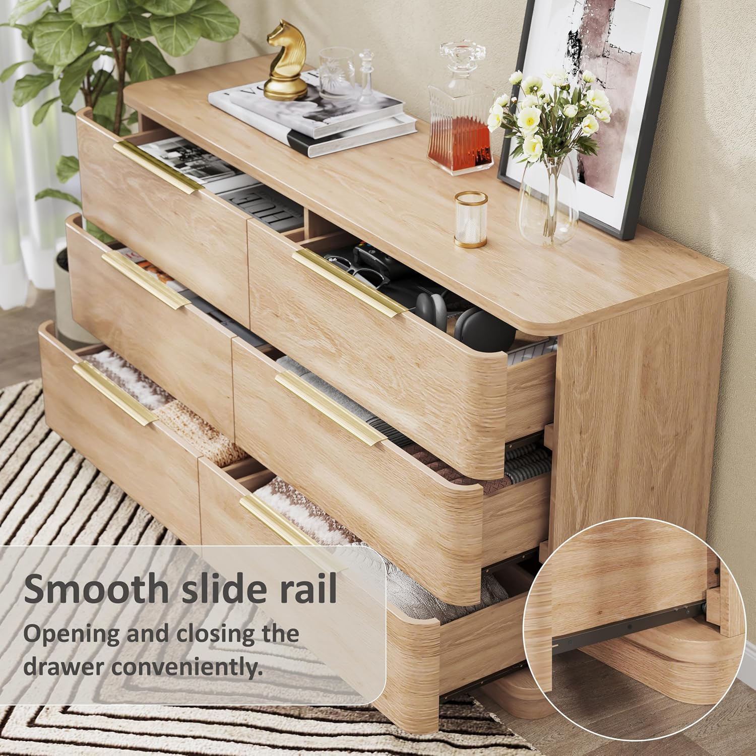 6 Drawer Curved Oak Dresser