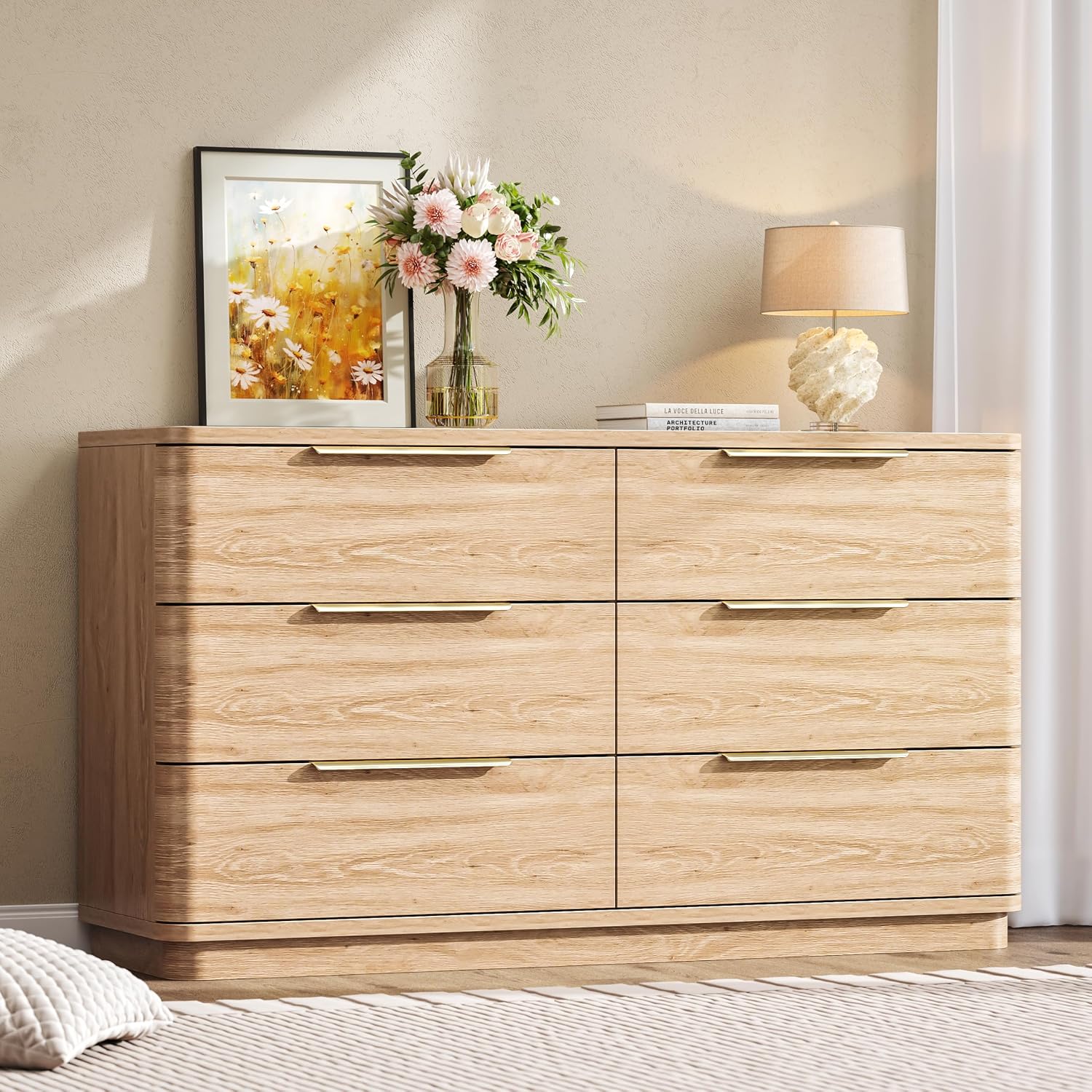 6 Drawer Curved Oak Dresser